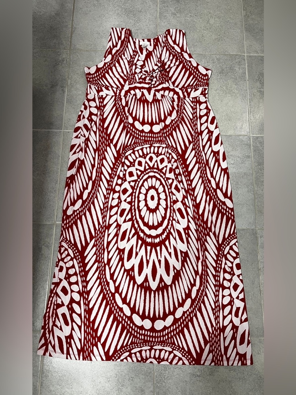 Chico's Red and White Graphic A-Line Maxi dress